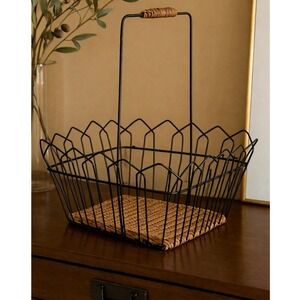 Vintage Rattan Basket with Black Metal Frame Rustic Storage Decor